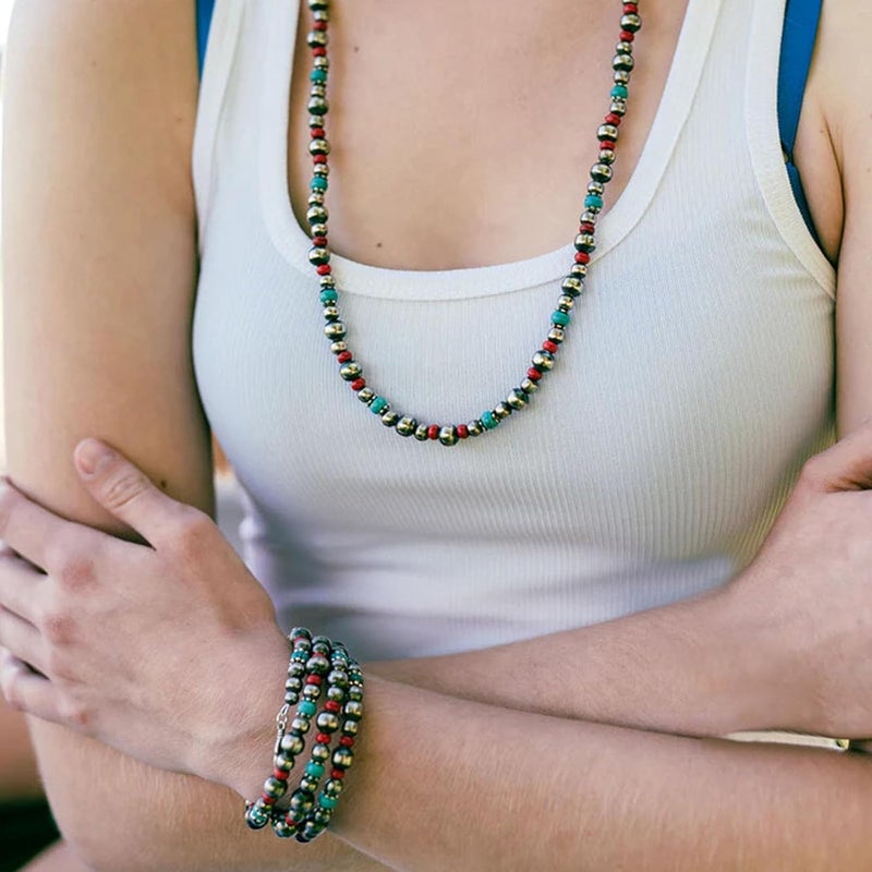JMScape 4 PCS Western Turquoise Jewelry for Women Boho Vintage Navajo Pearl Necklace Earring Bracelet Ring Set Country Cowgirl Accessories for Gift - Image 3